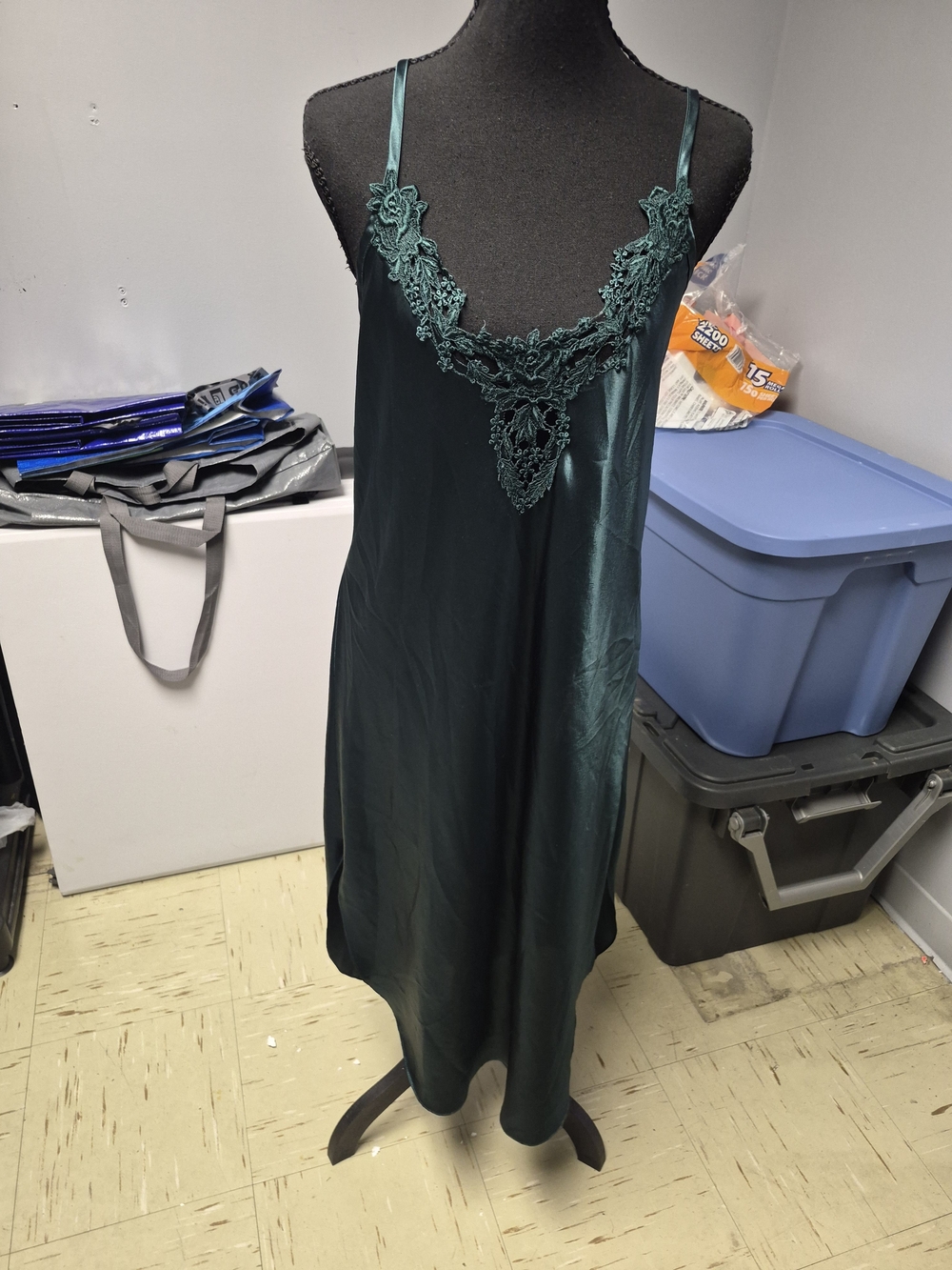 Satin Lace-Trim Slip Dress in Deep Green